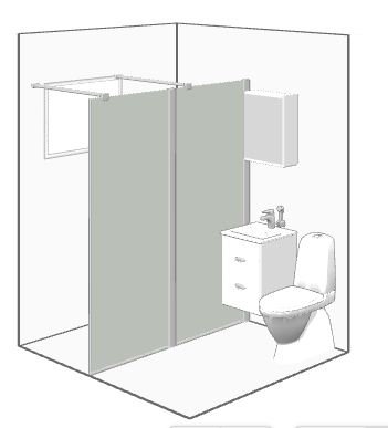 Schematisk illustration av ett litet badrum med dusch, toalett och handfat. Enkel, modern design.