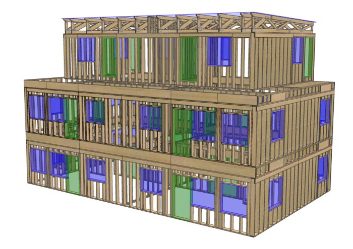 3D-modell av träramkonstruktion för byggnad med synlig stomme och olika färgade sektioner, troligtvis för digital designöversikt.