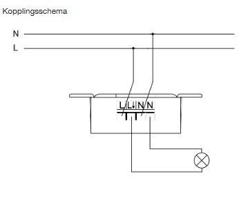 Elektriskt kopplingsschema, två ledningar, en brytare, en lampa, neutral och fas beteckningar.