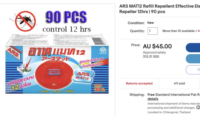 90-pack myggavstötande refillplattor, 12 timmars skydd, online-försäljning till 45 australiensiska dollar från Thailand.