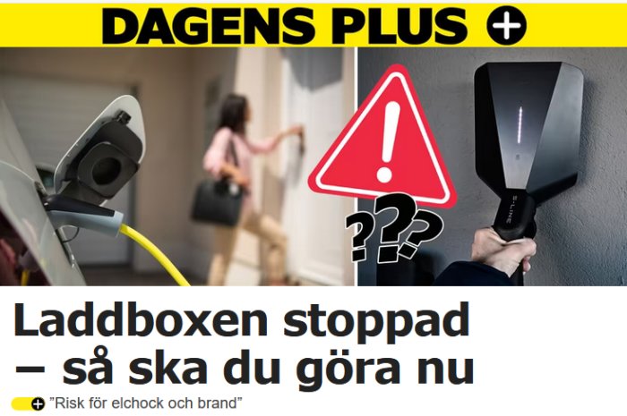 Laddstation för elbil, varningssymbol, text "Laddboxen stoppad", kvinna i bakgrunden, risk för elchock och brand.