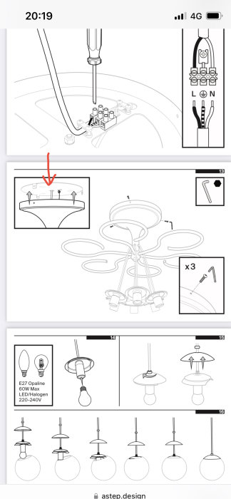 Illustrerad installationsguide för belysningsarmatur: Verktyg, elektrisk koppling, montering, ljuskällor, fästanordningar.