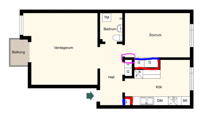 Svensk lägenhetsplan med vardagsrum, balkong, sovrum, kök, hall och badrum. Färgmarkeringar syns på planen.