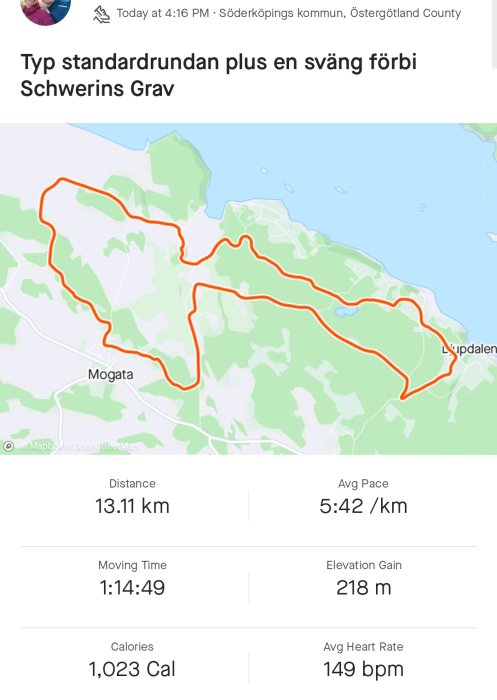 Kartskärm med löprunda; 13.11 km, tempo 5:42/km, 218 m höjdvinst, 1023 kalorier förbrukade.