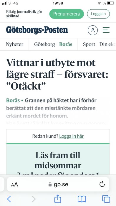 Skärmbild av Göteborgs-Posten artikel, rubrik om vittnesmål och utbyte mot lägre straff.