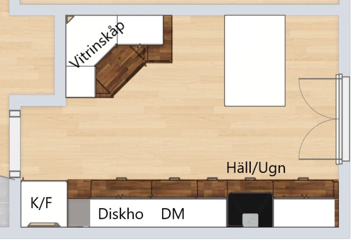 Översikt över ett kök i en bostadsplan, med möblering och vitvaru-beteckningar: diskho, kyl/frys, och diskmaskin.