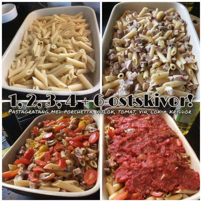 Steg-för-steg tillagning av pastagratäng med tomatsås, grönsaker, ost och kryddor. Receptprocess i fyra bilder.