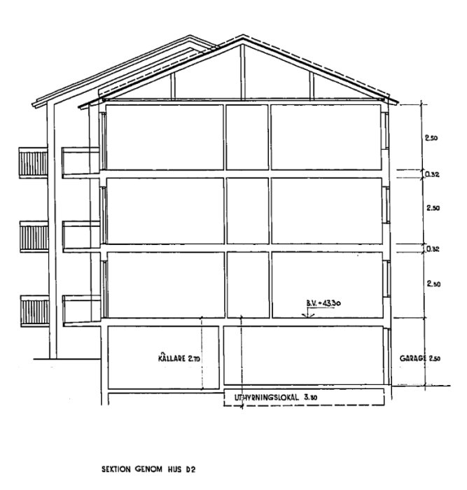 Arkitektonisk sektion av ett hus, visar olika våningar, rum och måttangivelser.