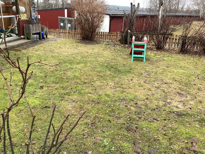 Gräsbevuxen trädgård, ensam röd stol, nakna buskar, trädäck, kyliga väderförhållanden, bostadshus, avkopplingsområde im_environment.