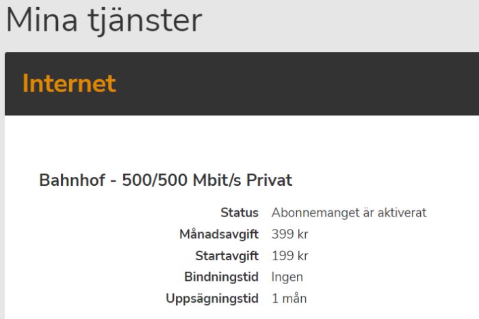 Skärmdump av tjänsteöversikt: privat internetabonnemang, 500 Mbit/s, ingen bindningstid, månadsavgift 399 kr.