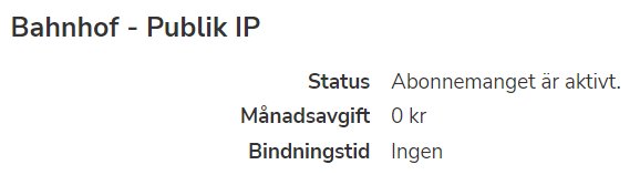 Skärmdump av tjänstestatus, "Bahnhof - Publik IP", aktivt abonnemang, ingen månadskostnad eller bindningstid.