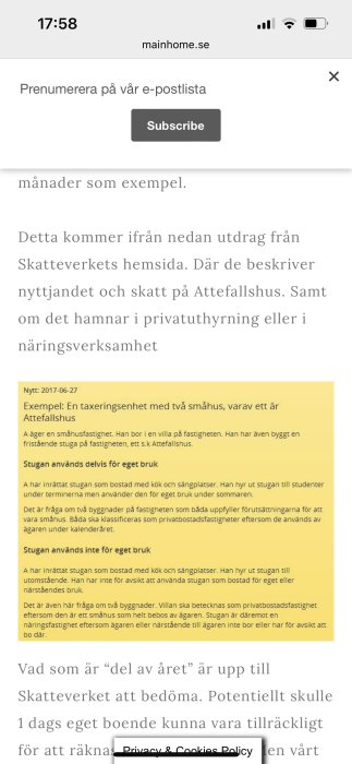 Skärmdump av en webbsida som handlar om beskattning av Attefallshus och privatuthyrning, med prenumerationsuppmaning och datummärkning.