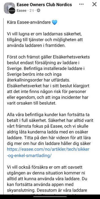 Meddelande om säkerheten kring laddare, tillgänglighet och framtid från Easee Owners Club Nordics.