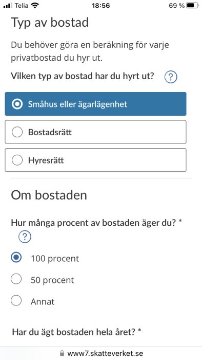 Svensk webbformulär för bostadsinformation med val för ägarlägenhet, bostadsrätt, hyresrätt och ägarandel.