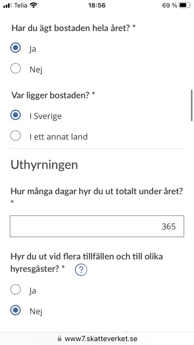 Skärmbild av formulär med frågor om boendets ägarskap och uthyrning, i Sverige, från skatteverket.se.