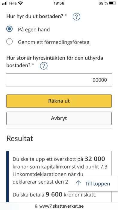 Skärmavbild från hemsida, frågeformulär om uthyrning, resultat för skatt att betala.