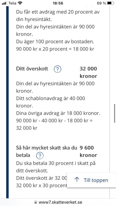 Skärmdump på svenskspråkig text om skatteberäkning; avdrag och överskott presenteras, samt skattesumma att betala.