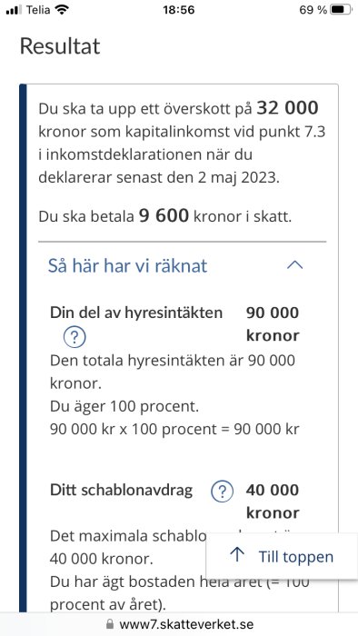 Skärmavbild av skattberäkning för hyresintäkt med schablonavdrag på en mobil enhet.