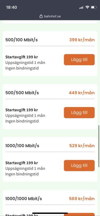 Skärmavbild av bredbandsabonnemang, olika hastigheter och priser, inga bindningstider, Bahnhof.se webbsida.