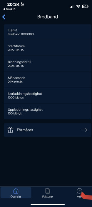 Skärmdump av mobilapp visar bredbandsabonnemangs detaljer, kostnad, början, bindningstid och hastigheter.