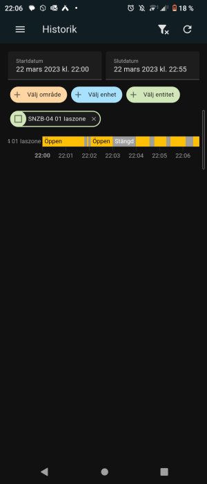 Skärmdump av en mobilapp som visar en tidsbaserad logg över en öppen/stängd status för laszonen.