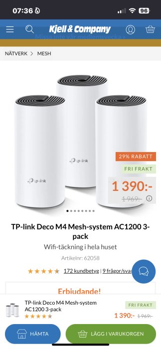 E-handelssida visar TP-link Deco M4 Mesh-system, rabatterat pris, kundrecensioner, fri frakt erbjudande.