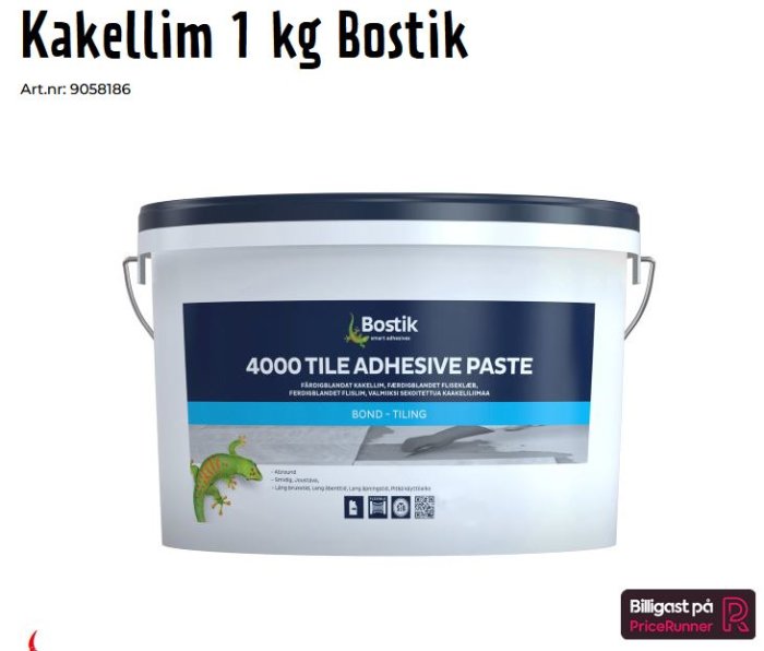 Ett 1 kg hink av Bostik kakellim med etikett som visar produktinformation och en kameleont-bild.