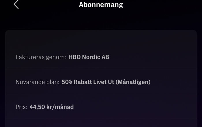 Skärmdump av prenumerationsinformation: HBO Nordic, 50% rabatt erbjudande, 44,50 kr/månad.