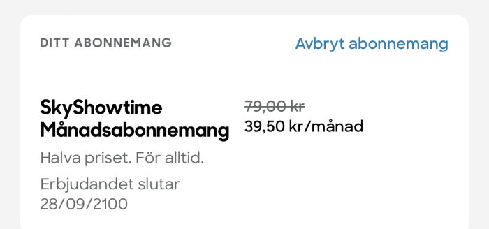 Skärmdump av en prenumerationsservice, erbjudande om halva priset på månadsabonnemang, med utgångsdatum för erbjudandet.