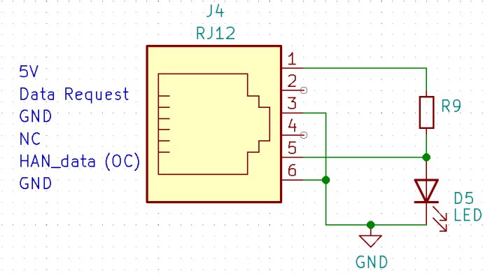 Elektronisk kretsschema: RJ12-kontakt, motstånd, LED-diode, etiketterade anslutningar som 5V, GND, Data Request.