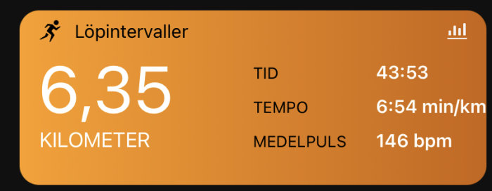 Träningsöversikt: löpintervaller, 6,35 km, 43:53 minuter, 6:54 min/km, 146 bpm genomsnittlig puls.