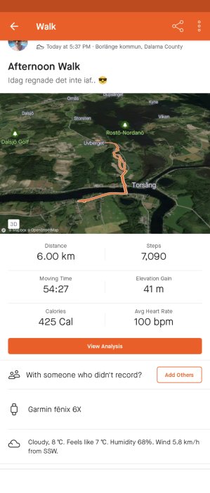 Skärmbild av kartöversikt på en 6 km eftermiddagspromenad; inget regn, väderdata och aktivitetsstatistik visas.