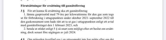 Svensk text om ersättning till gasnätsföretag, lagtext eller förordning, på vit bakgrund.