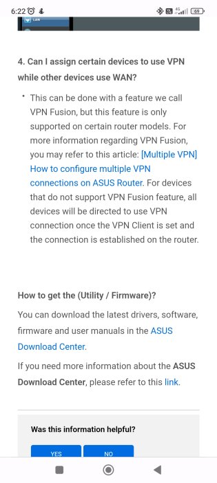 Skärmdump: FAQ om VPN och WAN på ASUS-router, ladda ner drivrutiner, feedback-funktion.