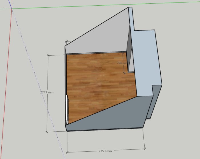 3D-modell av enkel konstruktion med måttangivelser på en vit bakgrund.