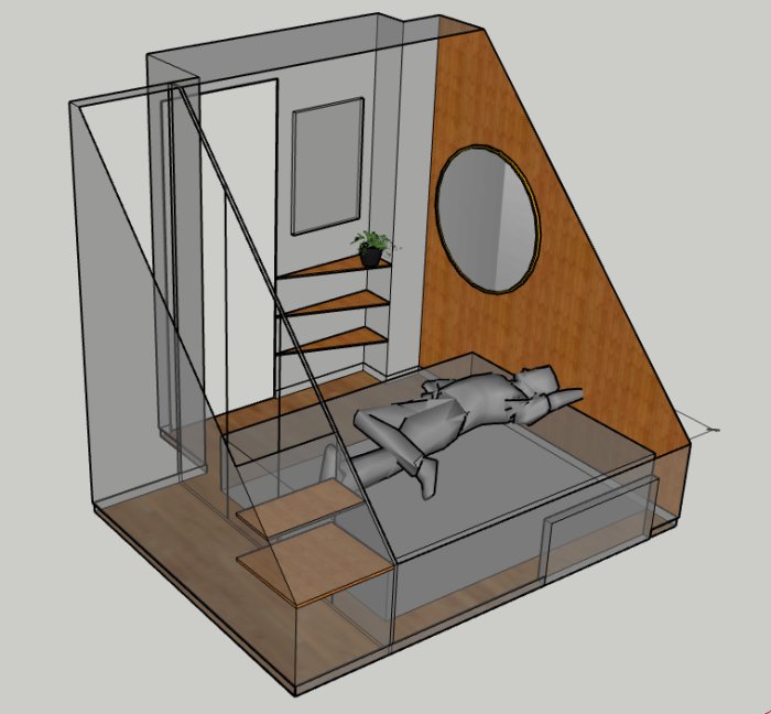 3D-modell av litet loftutrymme med säng, trappa och växt.