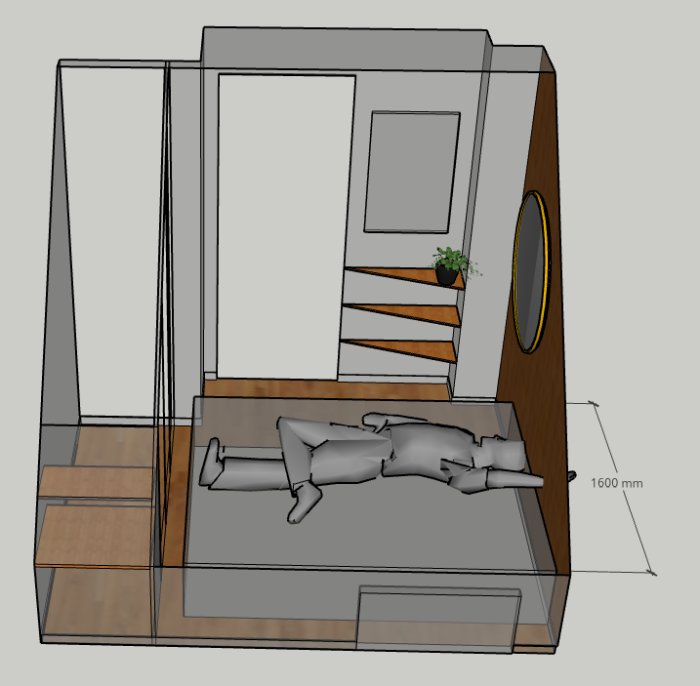 3D-modell av rum med säng, trappa, växt och spegel. Måttangivelse, minimalistisk design.