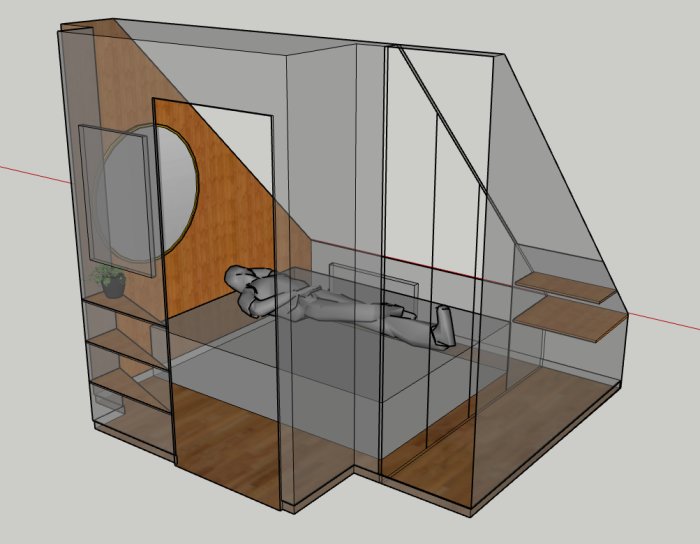 3D-modell av minimalistiskt loft sovrum med säng, skrivbord, trappa och växt.