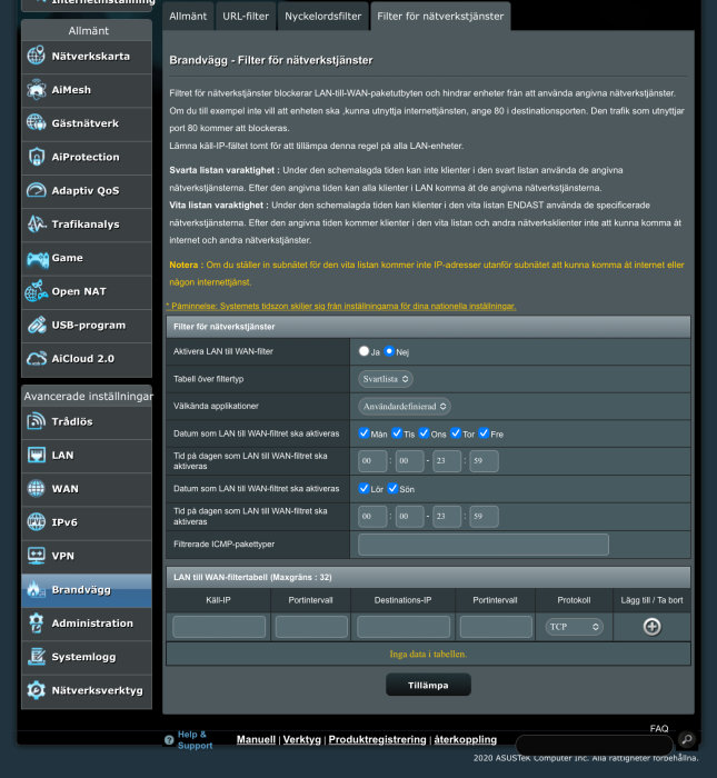 Skärmdump av routerinställningar för nätverksfilter, menyn på vänster sida, konfigurationsdetaljer på höger. Swedish language.