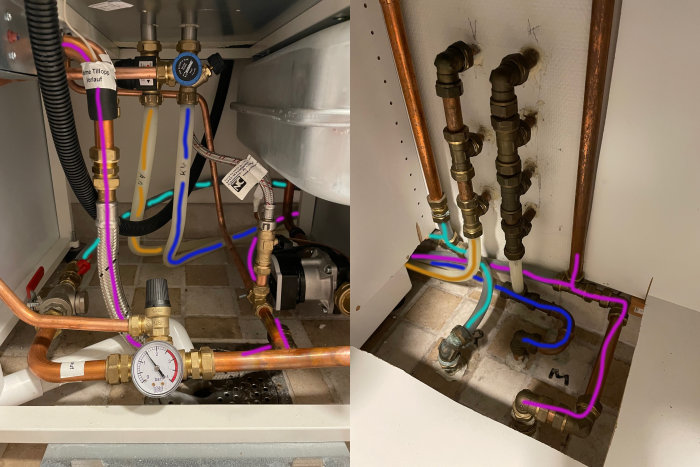 Rörinstallationer, ventiler och mätare under diskbänk, möjligt VVS-arbete, före och efter jämförelse.