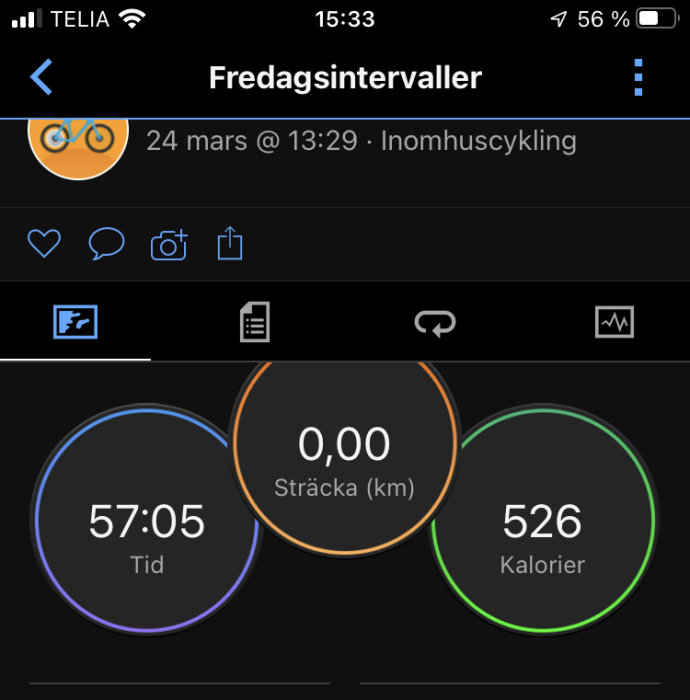 Skärmavbild av träningsapp som visar inomhuscykelpass med tid och förbrända kalorier.