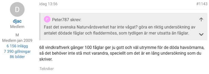 Skärmbild av ett forum-inlägg om vindkraftverks påverkan på fåglar och fladdermöss.