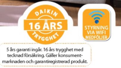 Reklam för Daikin-produkter med 16 års trygghet och wifi-styrning via app. Garanti- och försäkringsinformation inkluderad.