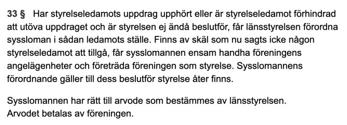 Svensk text om ersättare i styrelse och arvode. Juridiskt dokument eller lagtext om föreningsstyrning.