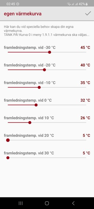 Skärm med inställningar för egen värmekurva med justerbara temperaturpunkter från -30°C till +30°C.