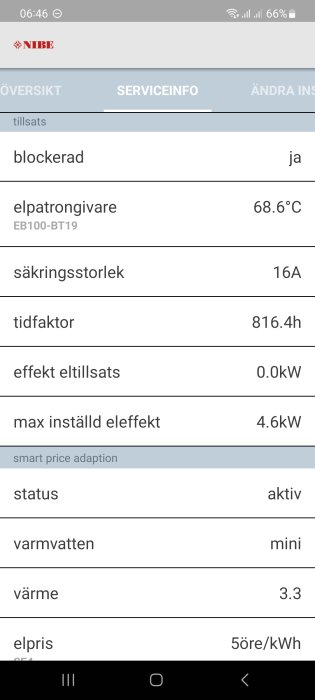 Mobilskärmbild av NIBE värmepumpsinställningar med temperatur, effekter, status och elprisinformation.