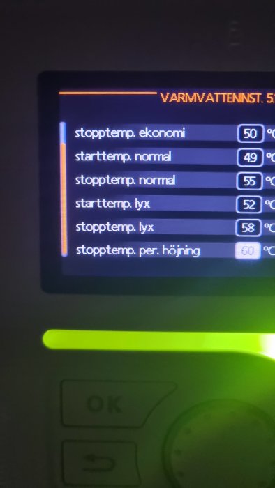 Digital kontrollpanel för varmvatteninställningar med temperaturgränser på svenska, upplyst knapp med texten "OK".