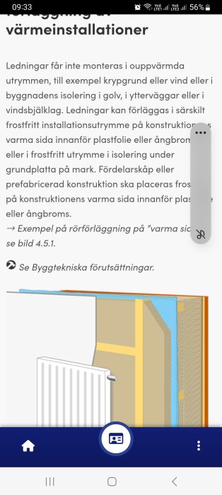 Skärmdump med text om rörinstallation och diagram över värmesystem intill en vägg.