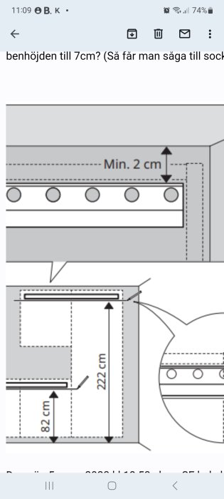 Teknisk ritning av möbel, dimensioner, monteringsmått, minst 2 cm avstånd uppåt anges.