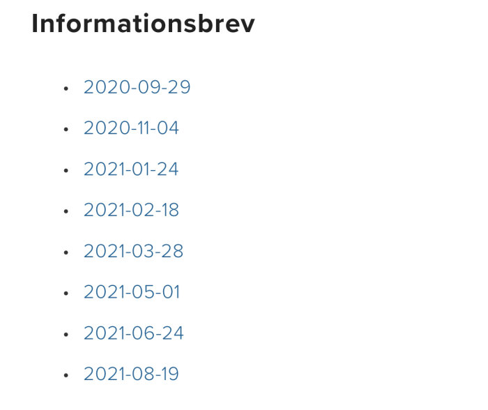 Lista med datum, informationbrev rubrik, blå text, vit bakgrund, punktlista, årtal 2020 och 2021.